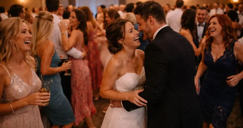 Bride and Groom dancing on the dance floor while their guests are laughing and having fun