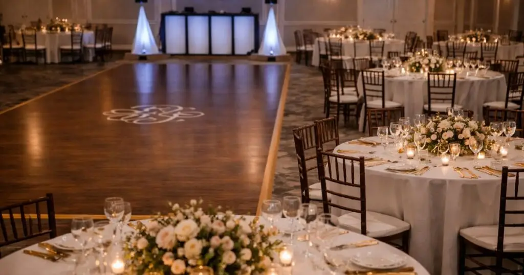 A beautiful decorated ballroom and dance floor awaiting wedding guests to arrive