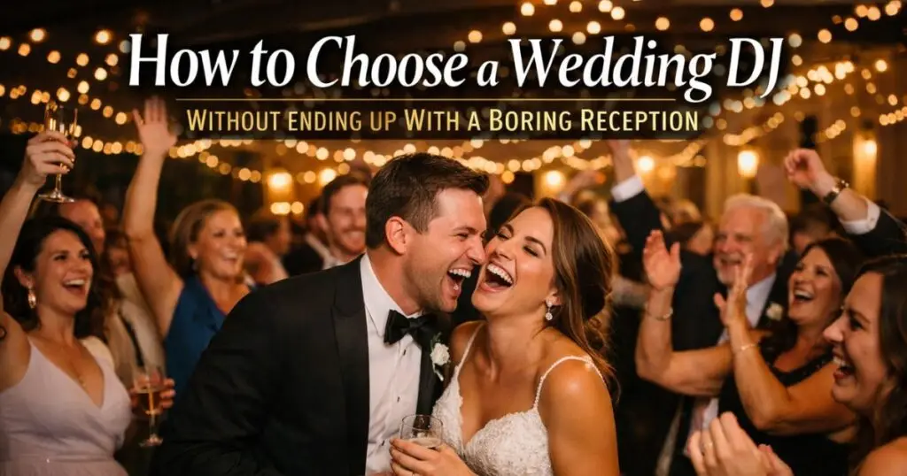 couple enjoying their wedding reception surrounded by their wedding guests
