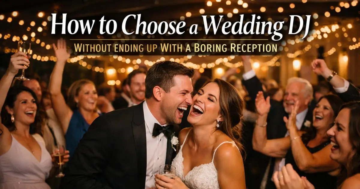 couple enjoying their wedding reception surrounded by their wedding guests