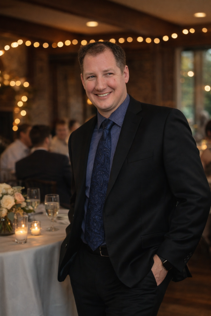 Adam Garrison, wedding MC & DJ in Chicago, smiling during a wedding reception while guiding the celebration