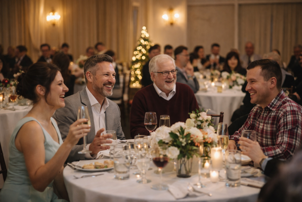 Wedding guests enjoying dinner at indoor reception in Chicagoland venue.