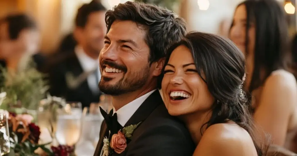 Bride and groom laughing during wedding reception in Chicago suburbs
